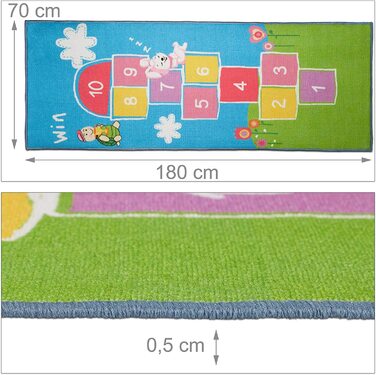 Relaxdays Kinderteppich Hüpfspiel, 180 x 70 cm, 10 Hüpfkästchen, Kurzflor, gummierte Unterseite, Spielteppich, bunt, 1 Stück