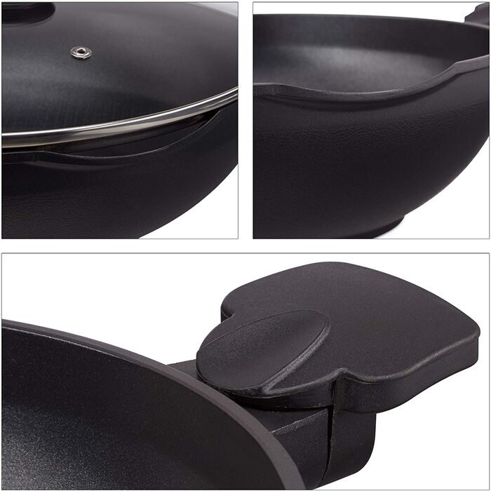 Relaxdays Wokpfanne mit Glasdeckel 30 cm, Wok mit Antihaftbeschichtung für Gas-, Elektroherd, Griff, 4 Liter, schwarz