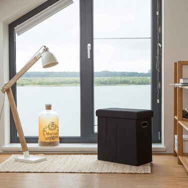 Relaxdays Faltbarer Sitzhocker mit Stauraum, Griffe, Leinen, Polyester, MDF, Schwarz, 49,5x46x25,5 cm