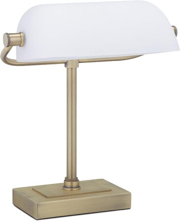 Relaxdays Bankerlampe, neigbarer Glasschirm, Metallsockel, E14, Schreibtischlampe Retro, Bibliothekslampe, weiß/messing, 33 x 26 x 20 cm