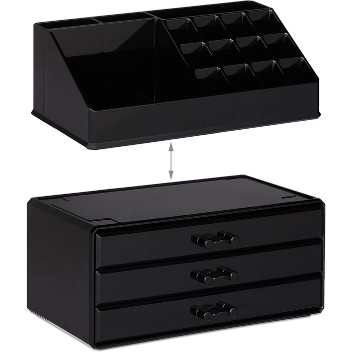 Relaxdays Make Up Organizer klein, 2-teilige Schminkaufbewahrung mit Schubladen, stapelbares Kosmetikregal,  1 Stück (Schwarz)