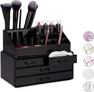Relaxdays Make Up Organizer Acryl, 2-teilige Schminkaufbewahrung mit Lippenstifthalter und 4 Schubladen,  19 x 24 x 13.5 cm (Schwarz)