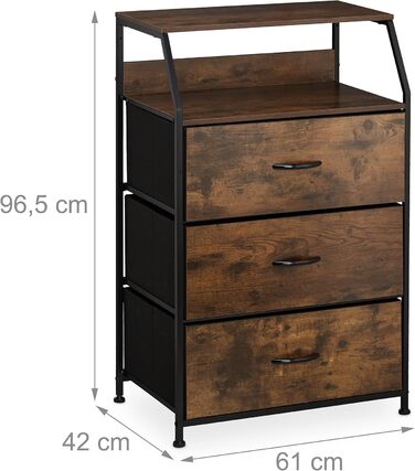 Relaxdays Kommode, 3 Schubladen, 2 Ablagen, Industrial, 96,5x61x42 cm, braun/schwarz