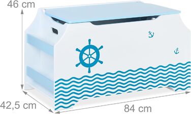 Relaxdays Spielzeugtruhe Seemann, Spielzeugkiste mit Deckel, HBT: 46 x 84 x 42,5 cm, Bücherfach, Spielzeugbox, weiß/blau