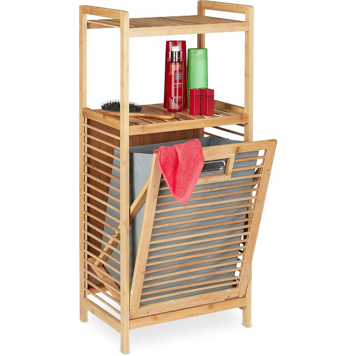 Relaxdays Badregal mit Wäschekorb, 2 Ablagen, kippbarer Sammler, Bambus & Stoff, 95x40x30 cm, Natur/grau