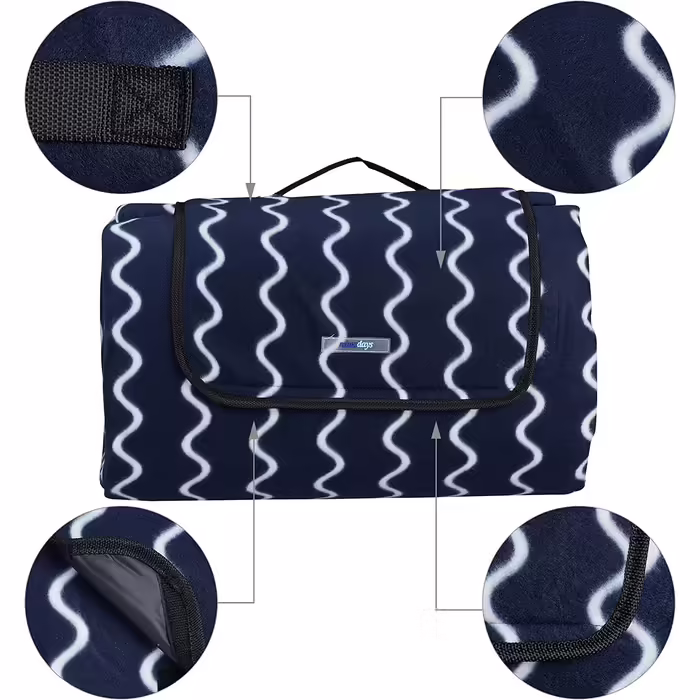 Relaxdays XXL Picknickdecke, 200x300 cm, Fleece Stranddecke, wärmeisoliert, wasserdicht, mit Tragegriff, dunkelblau/weiß