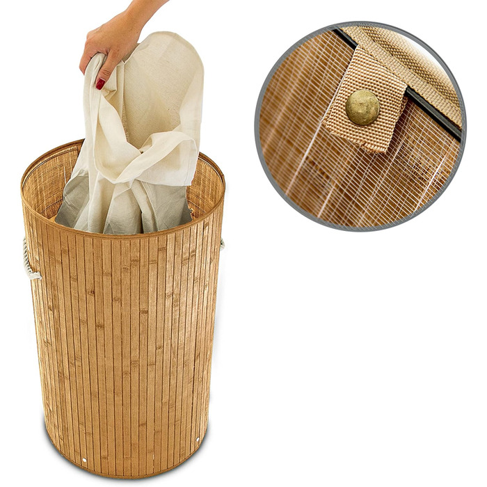 Relaxdays Wäschekorb Bambus, faltbar, Deckel, 70 l, Baumwoll-Wäschesack, rund Ø 41 cm, natur