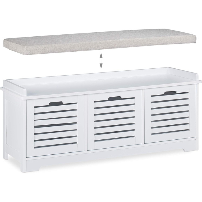 Relaxdays Sitzbank mit Stauraum, 3 Körbe & Sitzkissen, Landhausstil, 44x105x35 cm, weiß