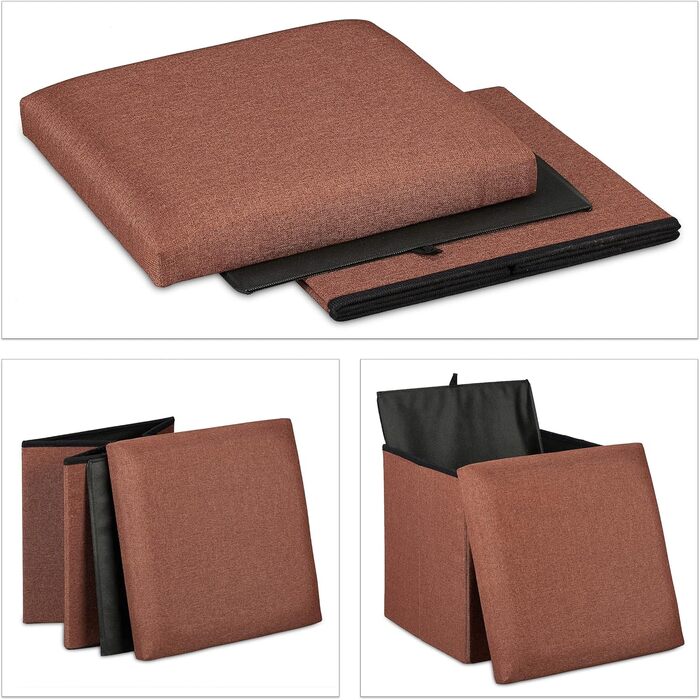 Relaxdays Sitzhocker, faltbar, gepolstert, eckig, Stoff, 37x37,5x37,5 cm, 1 Stk (Braun)