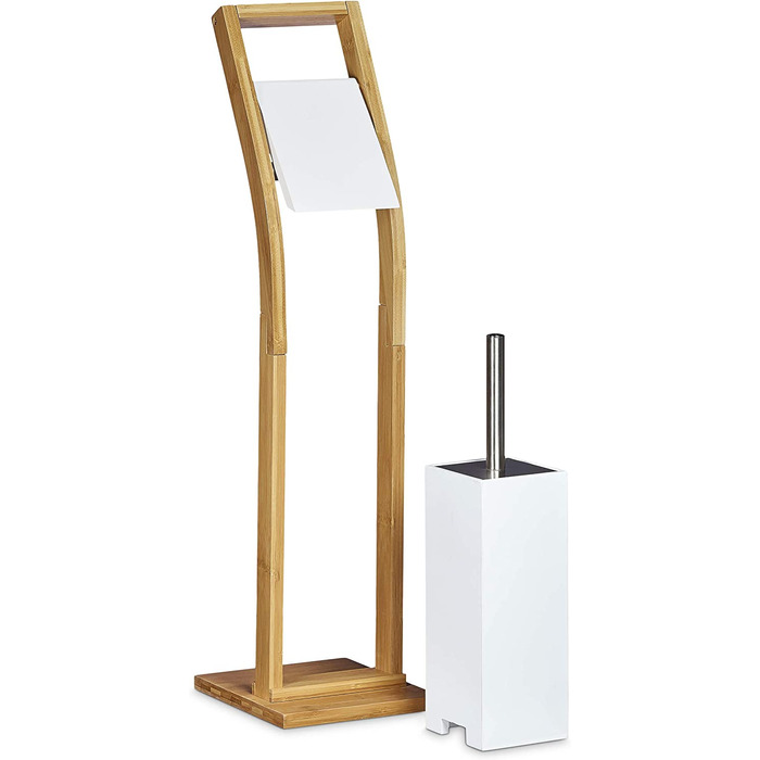Relaxdays Stand WC Garnitur Holz HBT 75 x 19 x 19 cm Toilettenbürstenhalter aus Bambus mit Toilettenpapierhalter und Klobürst