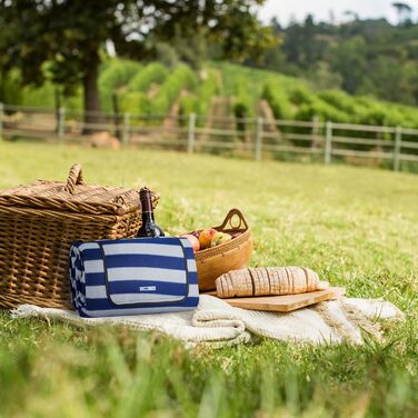 Relaxdays XXL Picknickdecke, 200x300 cm, isoliert, wasserdicht, gestreifte Fleece Stranddecke, Tragegriff, blau/grau
