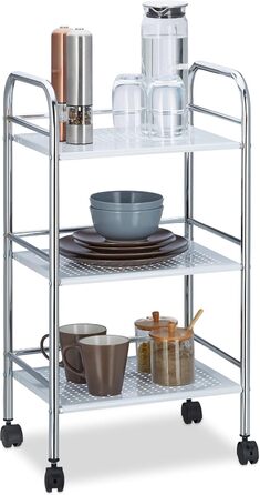 Relaxdays Servierwagen Metall, 3 Ablagen, Küchenwagen mit Griff & Bremsen, 75x40,5x31 cm, weiß