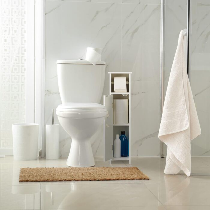 Relaxdays Toilettenpapierhalter stehend, Badezimmeregal HBT: 71x18x20 cm, Griff aus Seil, WC Papier Schrank, MDF, weiß