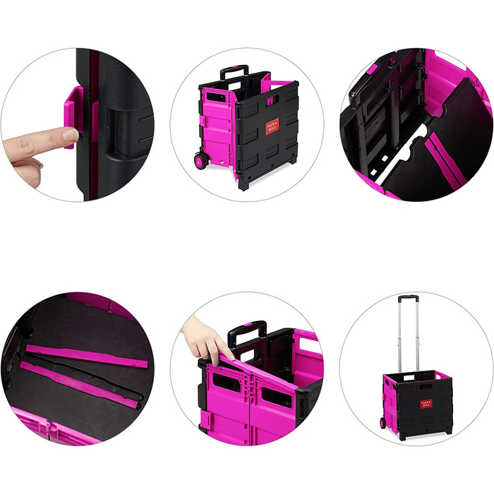 Relaxdays Einkaufstrolley klappbar, Teleskop-Griff, 2 Gummi Rollen, bis 35 kg, Shopping Trolley, Aluminium, ABS, pink