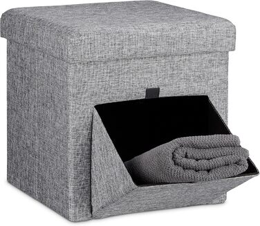 Relaxdays Faltbarer Sitzhocker, Leinen, Aufbewahrungsbox, abnehmbarer Deckel, 38x38x38 cm, grau