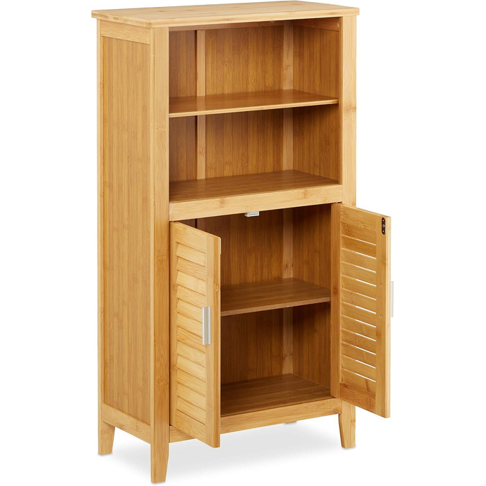 Relaxdays Badezimmerschrank Bambus, HBT: 92x50x25 cm, Badschrank mit Lamellentüren, natur, 1 Stück