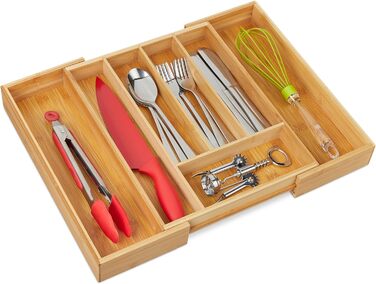 Relaxdays Besteckkasten, ausziehbar, 5-7 Fächer, Bambus, 5x28,5x36 cm
