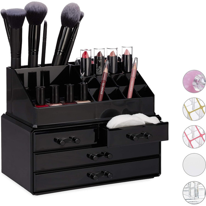 Relaxdays Make Up Organizer Acryl, 2-teilige Schminkaufbewahrung mit Lippenstifthalter und 4 Schubladen,  19 x 24 x 13.5 cm (Schwarz)
