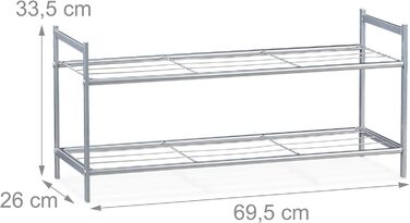 Relaxdays Schuhregal SANDRA, 2 Ebenen, für 6 Paar Schuhe, Metall, Schuhablage, HBT: ca. 33,5 x 69,5 x 26 cm,  Metallregal 2 Ablagen (Silber)