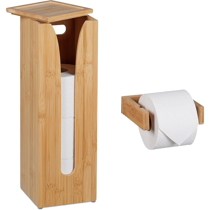 Relaxdays Toilettenpapierhalter Set, Bambus, 4 Rollen, WC-Rollenhalter Wandmontage & Ersatzrollenhalter stehend, natur
