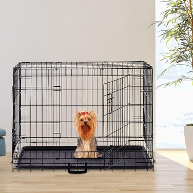 Relaxdays Hundekäfig, Faltbare Hundetransportbox Auto, Welpenkäfig, 2 Türen, Bodenschale, Drahtkäfig Metall, M, Schwarz Schwarz M