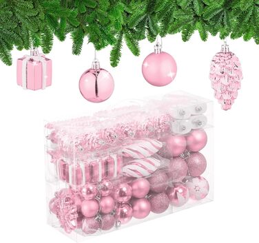 Relaxdays Weihnachtskugeln 72er Set, glitzernd/matt/glänzend, Baumkugeln, Stiefel, Herz, Zapfen, rosa