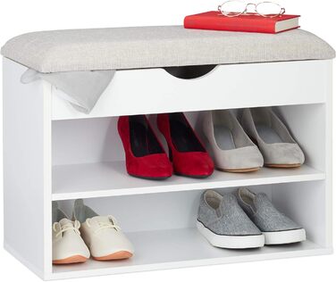 Relaxdays Schuhbank, gepolsterte Garderobenbank, 3 Fächer, aufklappbar, Schuhregal mit Sitzfläche, 45 x 62 x 30 cm, weiß, Holz, 1 Stück