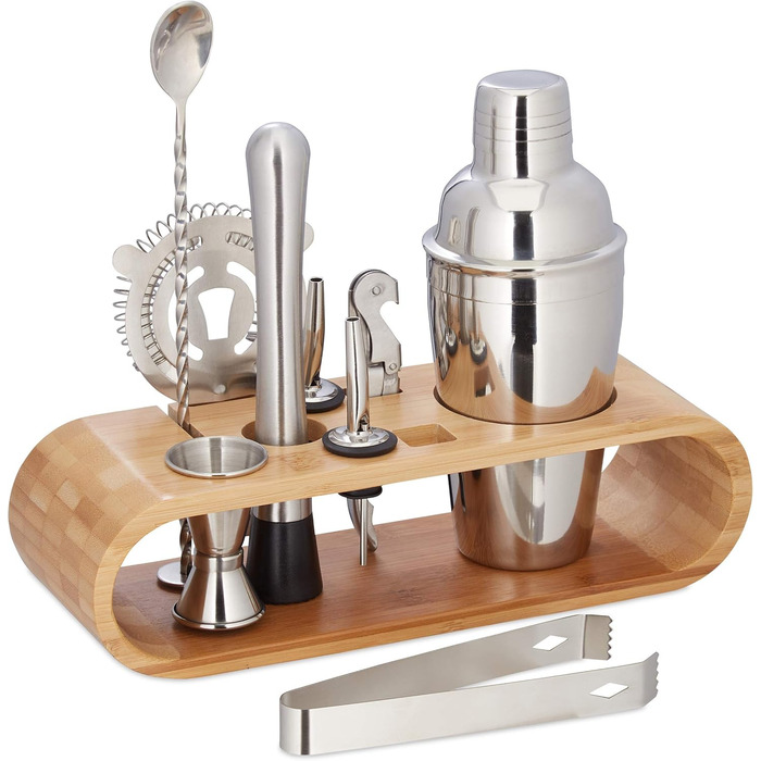 Relaxdays 9-tlg. Cocktail Set, Profi Barkeeper Set mit Ständer, Shaker, Barmaß, Ausgießer, Eiszange