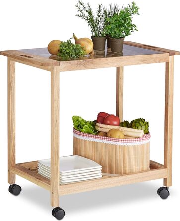 Relaxdays Küchenwagen auf Rollen, Holz Servierwagen mit Glasplatte, 2 Etagen, 62x66x38 cm, natur