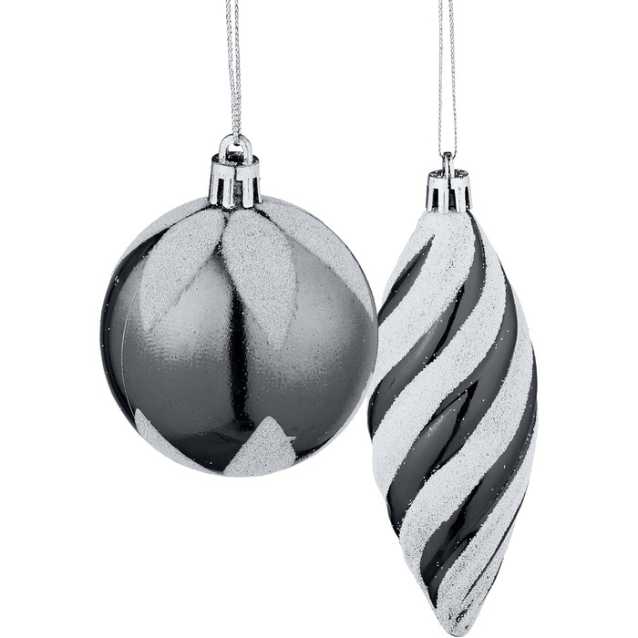 Relaxdays Weihnachtskugeln 72er Set, glitzernd/matt/glänzend, Baumkugeln/Stiefel/Herz/Zapfen, schwarz