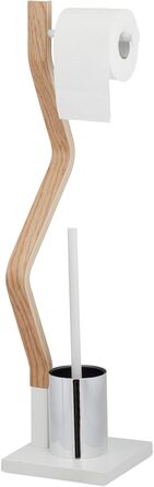 Relaxdays WC Garnitur stehend, Holz und Stahl, Toilettenpapierhalter mit Bürste, HBT 75 x 18,5 x 18,5 cm, weiß/natur
