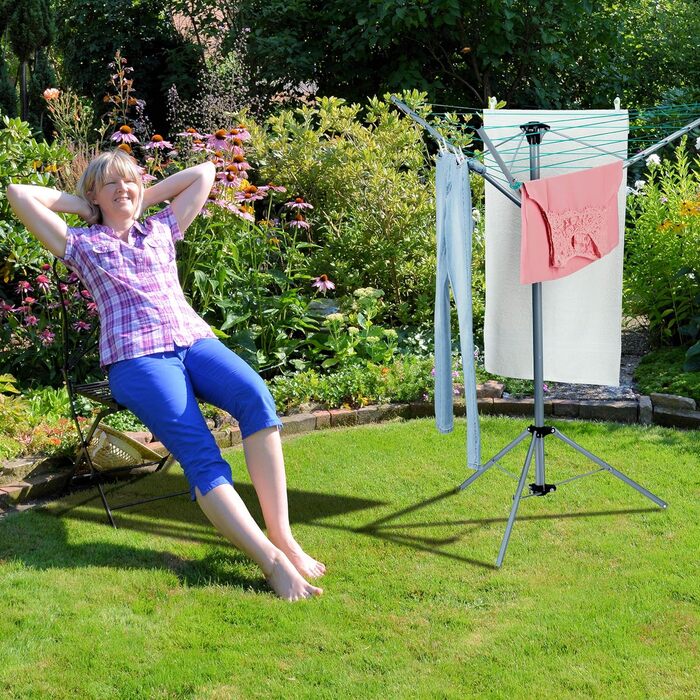 Relaxdays Wäschespinne, 15 m Leine, für Garten & Camping, klappbar, mit Standfuß, Balkon Wäscheschirm H: 140 cm, Silber