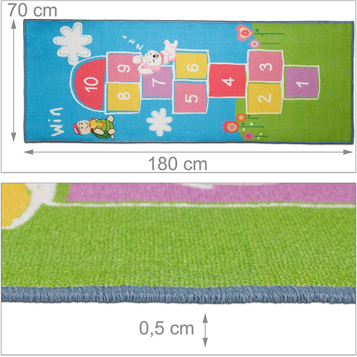 Relaxdays Kinderteppich Hüpfspiel, 180 x 70 cm, 10 Hüpfkästchen, Kurzflor, gummierte Unterseite, Spielteppich, bunt, 1 Stück