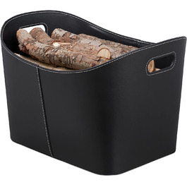 Relaxdays, schwarz Kaminholzkorb Kunstleder XL, stabiler Feuerholzkorb mit Tragegriffen, für Brennholz & Zeitungen, oval, 80% Pappe XL Single