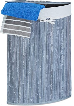 Relaxdays Eckwäschekorb, faltbar, 60 l, Baumwolle, HBT 65x49,5x37 cm, Grau, Bambusdeckel abnehmbar