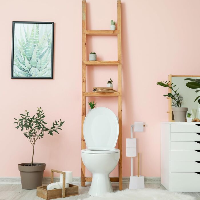 Relaxdays WC Garnitur, Bambus, Edelstahl, freistehender Klopapierhalter, Toilettenbürste, (Weiß)