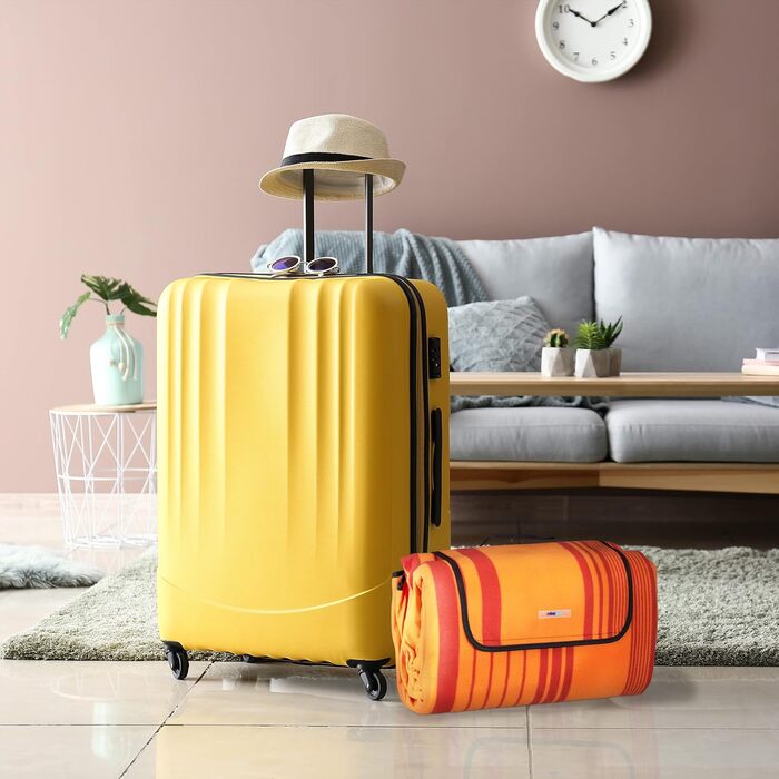 Relaxdays XXL Picknickdecke, 200x300 cm, isoliert, wasserdicht, gestreifte Fleece Stranddecke, Tragegriff, orange/rot