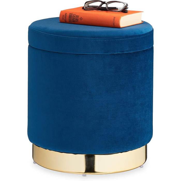 Relaxdays runder Samthocker mit Stauraum, elegant, H41,5 x D37 cm, blau/Gold