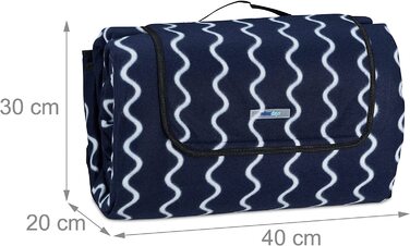 Relaxdays XXL Picknickdecke, 200x300 cm, Fleece Stranddecke, wärmeisoliert, wasserdicht, mit Tragegriff, dunkelblau/weiß