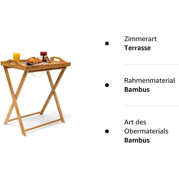 Relaxdays Tabletttisch, Bambus, HxBxT: 63,5 x 55 x 35 cm, klappbarer Beistelltisch mit Tablett, für Frühstück, Natur Single