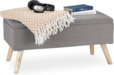 Relaxdays Sitzbank mit Stauraum, gepolstert, Holzbeine, Stoffbezug, 39,5x79,5x39,5 cm, Polyester, hellgrau