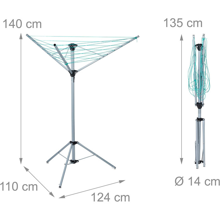 Relaxdays Wäschespinne, 15 m Leine, für Garten & Camping, klappbar, mit Standfuß, Balkon Wäscheschirm H: 140 cm, Silber