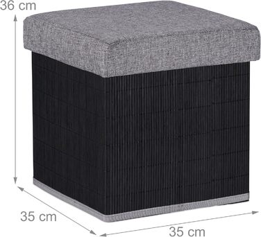 Relaxdays faltbarer Sitzhocker mit Stauraum, gepolstert, Bambus, 36x35x35 cm, Schwarz/Grau