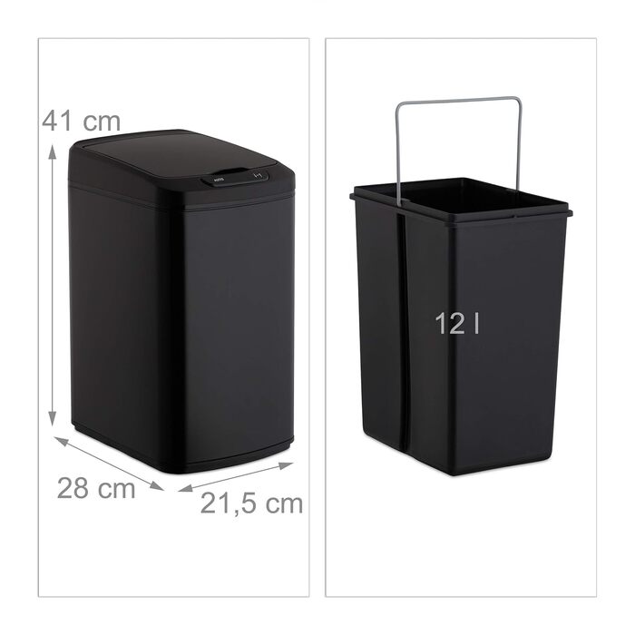 Relaxdays Sensor Mülleimer 12l, eckiger Abfalleimer mit Deckel & Inneneimer, Küche & Bad, Automatik Mülleimer, schwarz
