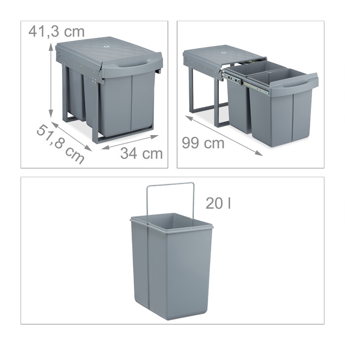 Relaxdays Einbaumülleimer 2x 20l grau