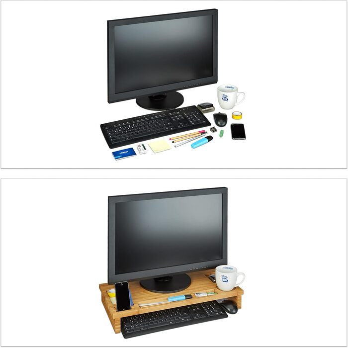 Relaxdays Monitorständer Bambus, Bildschirmerhöhung mit Stauraum, 9x60x30cm