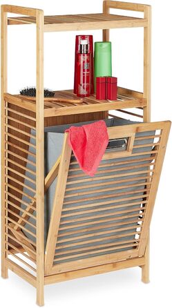 Relaxdays Badregal mit Wäschekorb, 2 Ablagen, kippbarer Sammler, Bambus & Stoff, 95x40x30 cm, Natur/grau