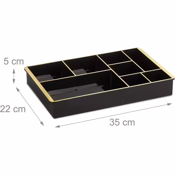 Relaxdays Schubladen Organizer, für Kosmetik, Ordnungssystem, Kunststoff, 8 Fächer, HBT: 5 x 35 x 22 cm, schwarz/gold, 1 Stück