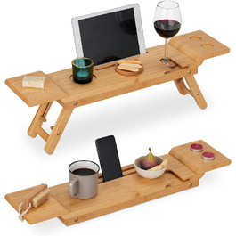 Relaxdays Badewannenablage Bambus, 70cm breit, Badetablett für Glas, Handy, Tablet, Badewannenbrett zum Einhängen, Natur