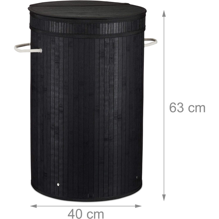 Relaxdays Wäschekorb Bambus, runder Wäschesammler mit Klappdeckel, 65 l, faltbare Wäschetonne, rund Ø 40 cm, schwarz